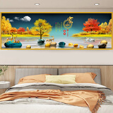 喜巢床头画装饰画客厅沙发背景背靠金山自粘画卧室贴画百福壁画山水画 家和富贵D印黄框 180cm x 60cm