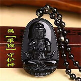 客瑞思黑曜石本命佛吊坠属兔本命年十二生肖项链男女款吉祥物 属羊猴-大日如来菩萨 大号-六字箴言珠链