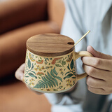 悠瓷（youcci）2026新款漂亮杯子复古马克杯办公室喝水杯陶瓷咖啡杯生日礼物送人 夏语-大肚杯带盖勺