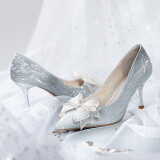 ZHR高跟鞋女优雅法式细跟女鞋水晶婚鞋女气质单凉鞋女 Y716 银色 37 