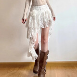 西儿波西米亚游牧风斜边蕾丝复古半身裙女装秋季不规则下摆设计感短裙 M可穿到110斤