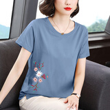 绮敏新款2024纯棉短袖T恤夏装中老年妈妈宽松圆领汗衫大码老人上衣女 蓝色枝叶花 3XL 建议128-138斤