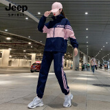 JEEP SPIRIT吉普运动服休闲套装女春秋季2024宽松卫衣连帽外套团体队服两件套 蓝粉【春秋款】 L(115-130斤)