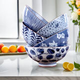 美浓烧（Mino Yaki） 【日本原装进口】美浓烧餐具陶瓷碗日式家用米饭碗餐具套装 5.5英寸蓝绘饭碗5件套