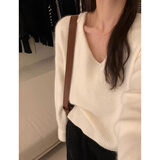 妮缕 宽松v领针织衫女秋冬新款小个子内搭打底衫加厚毛衣学生短款上衣 白色 均码 【建议80-130斤】