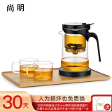 尚明玻璃内胆飘逸杯茶水分离耐热泡茶壶一键过滤泡茶神器家用茶具套装 500ml+保温底座+托盘+2小杯