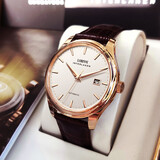 罗宾尼（LOBINNI）手表男全自动机械表男纤薄商务休闲皮带防水瑞士风格腕表12026 红金白面棕皮 | 超薄机芯