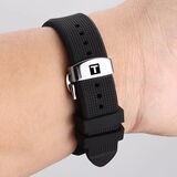 适配天梭表带男1853俊雅杜鲁尔力洛克卡森速驰蝴蝶扣硅胶表带19 黑色+银扣 21mm