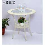 知遥 简约现代阳台储物小圆桌藤编玻璃茶几圆形庭院小茶几休闲桌 白色 组装