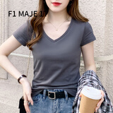 F1MAJE1T高端设计师品牌短袖T恤女修身V领百搭韩版鸡心领半袖上衣2026新款 烟灰色 2XL 121～135斤