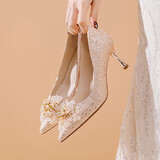 达芙妮简约百搭尖头高跟鞋女法式单鞋高级不累脚新娘鞋婚鞋 香槟色 40