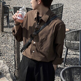 星禾莱长袖衬衫男士小众设计感宽松衬衣咖啡色休闲薄外搭男生国风春天 咖色 XL