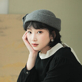 MISMEMO毛呢贝雷帽女秋冬优雅蝴蝶结礼帽小众复古赫本风法式帽子 磨砂灰  均码