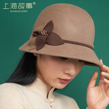 上海故事纯羊毛帽子女秋冬保暖毛呢礼帽长短檐渔夫帽双色花送女友