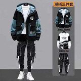 唐号 休闲外套男春秋韩版潮流宽松运动一套衣服2025三件套装休闲夹克 三件套/绿色夹克+卫衣+裤子绿 XL