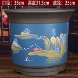oeny紫砂花盆透气防烂根特大号口径种树种菜高颜值大花盆陶瓷花盆批发 蓝色泥绘高直筒特大号 紫砂
