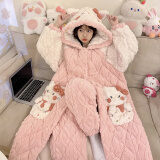 柚港睡衣女秋冬三层加厚夹棉睡袍冬季珊瑚绒加绒女士可爱家居服冬天 ML13188凯蒂猫夹棉袍+夹棉裤 XL (170cm 建议体重110-130)