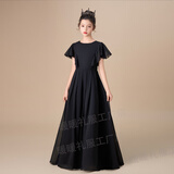 小学生初中晚礼服黑色中大童女童礼服钢琴演出服公主裙小提琴演奏 黑色圆领 160