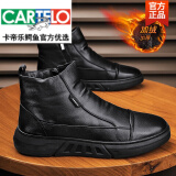 卡帝乐鳄鱼（CARTELO）高档棉鞋男秋冬季加绒保暖高帮休闲皮鞋英伦百搭黑色软皮马丁靴 黑色主图加绒款 39