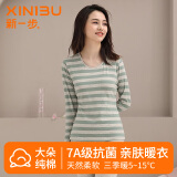 新一步（XINYIBU）纯棉秋衣秋裤女士秋冬抗菌抗静电圆领条纹薄款打底衫保暖内衣套装 1926彩纱绿 2XL