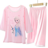 迪士尼Disney冰雪奇缘儿童睡衣女孩夏季薄款爱莎公主女童莫代尔中袖家居服套装 粉色 110 