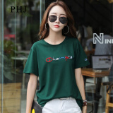 PHJ 韩版短袖t恤女夏季新款圆领绣花半袖体恤中年女士宽松打底上衣 绿色 M（105-120斤）