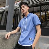 汉角 夏季百搭连帽短袖t恤男潮流带帽运动嘻哈上衣帽衫韩版港仔卫衣潮 鹏兴338天空蓝 3XL/185【150-170斤】