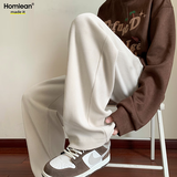 Homlean日系文艺休闲裤男秋季纯色灯芯绒保暖直筒垂感长裤子8302米白XL