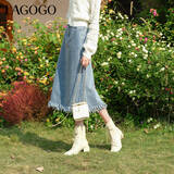 LAGOGO舒适高腰流苏牛仔裙女拉谷谷春季新款复古A字休闲半身裙 浅牛仔蓝(N7) M