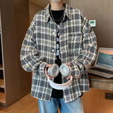 君忆卿春秋小香风宽松翻领外套男潮流百搭时尚情侣上衣青年针织格子夹克 黑色 XL