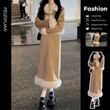 蝶娇诺（DIEJIAONUO）小香风秋冬连衣裙子女装秋冬季新款慵懒风穿搭女毛绒套装气质显瘦 咖色外套+咖色长裙 M