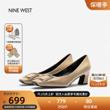 NINE WEST/玖熙牛漆皮革女单鞋优雅方头浅口粗跟通勤鞋NH208005FT杏色 34