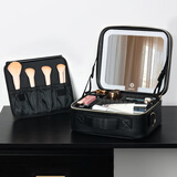 OBOX带镜子带灯美拉德风旅行化妆包美妆用品分类收纳包护肤品收纳盒 耀石黑_标准号10寸【菱格2代】