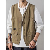 狄帝鲨日系复古工装马甲男秋季新款宽松多口袋叠穿外套无袖坎肩背心男潮 B14工装马甲【卡其色】 3XL
