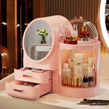 赟娅七夕节化妆镜台式led灯桌面带灯便携补光梳妆镜化妆品收纳盒一体 樱花粉【LED灯】