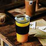 良工匠意吸管杯成人高颜值大容量刻度杯玻璃杯子牛奶咖啡杯可微波炉加热 英文款 黑色杯套 吸管礼包