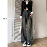 棉致显瘦高腰复古直筒阔腿牛仔裤女秋冬季新款垂感宽松休闲裤子女加绒 c166水泥灰【高品质27.5】 L 100-115斤