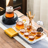 瓷牌茗茶具 玻璃茶壶茶杯茶具套装家用电陶炉茶盘整套茶具办公室煮茶器 黑几何电炉+圆形锤纹壶11件+茶盘
