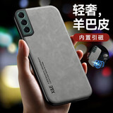 辽科适用 三星S21手机壳新款肤感羊巴皮保护套车载磁吸镜头全包防摔轻奢复古商务皮质手机套男女 三星S21【银河灰】 支持车载磁吸【配屏幕膜】