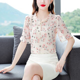 怡曼芙雪纺衫女短袖碎花2025夏装新款宽松显瘦遮肚女士小衫减龄洋气上衣 粉色 2XL -建议125-135斤