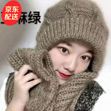 鑫豪睿帽子围巾一体加厚风雪帽子女秋冬新款松鼠绒毛线编织女保暖网红帽 亚麻 (内里加绒) 均码