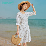 茵曼（INMAN）夏装新款中袖连衣裙纯棉花边V领小碎花收腰清新文艺裙子【1802256 珍珠白 M