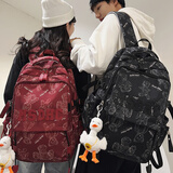 长臂猿书包大学生女生小学生初中生高中学生酒红色背包大容量印花双肩包 黑色带笑脸鸭挂饰