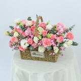 插画鲜花速递向日葵玫瑰手提花篮乔迁之喜送朋友同事亲友全国同城配送 21朵戴安娜康乃馨混搭手提花篮