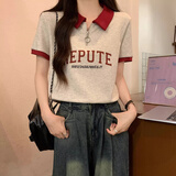 polo衫短袖t恤女2025新款夏季宽松港风设计感小众正肩翻领上衣服 酒红拼白灰色 XL （120-140斤）