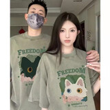 love legend情侣装夏季短袖t恤套装一男一女2024新款网红半袖上衣服学生定制 （猫咪）男灰绿+女灰绿 M 男+S女