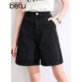 百图betu女装夏季新款牛仔裤高腰百搭显瘦A版牛仔短裤女2403T82 黑色 M