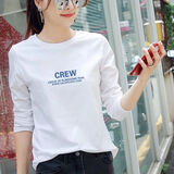 诗兰伦萨（SHILANLUNSA）t恤女长袖纯棉春秋季女装新款宽松圆领上衣女显瘦印花百搭打底衫 白色【CREW】 M（90-110斤）