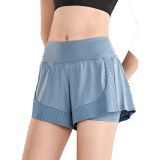 德享夏季运动短裤女双层宽松跑步短裤训练速干透气健身瑜伽裤 蓝色 L（115-125斤）