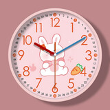 鲸麦早教学习安静挂钟客厅家用卧室钟表儿童房挂表卡通挂墙免打孔时钟 开心小白兔-粉框 12英寸